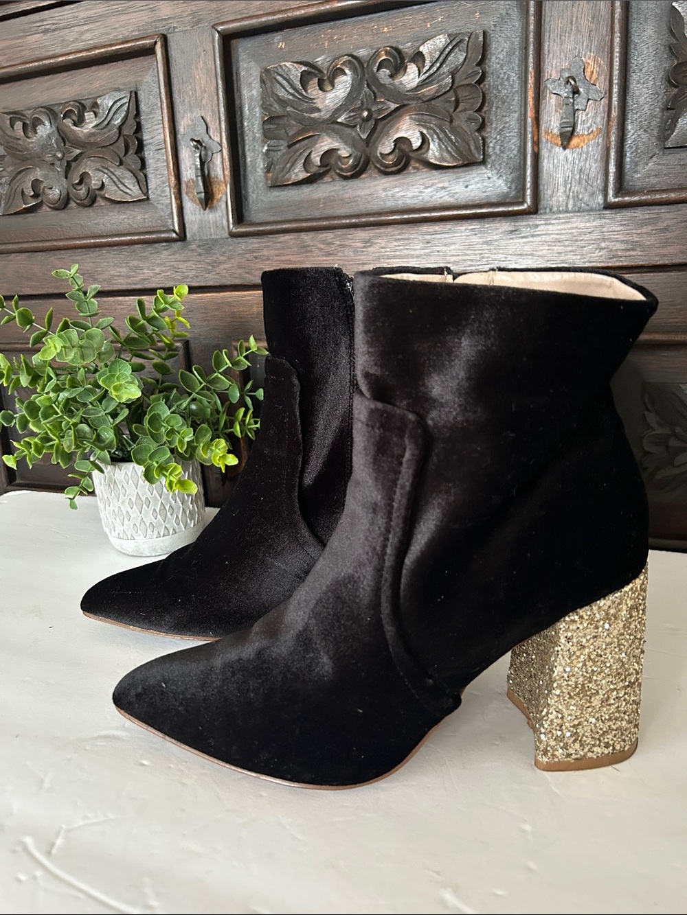 Betsey Johnson Black Velvet Ankle Boots with Gold Glitter Block Heel